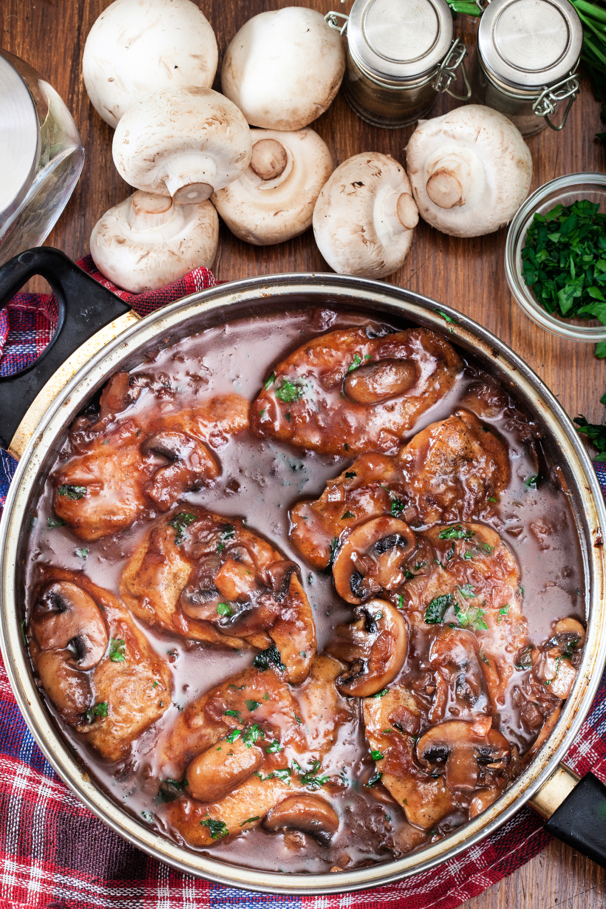 A delicious pan of sauteed chicken in a Marsala wine sauce