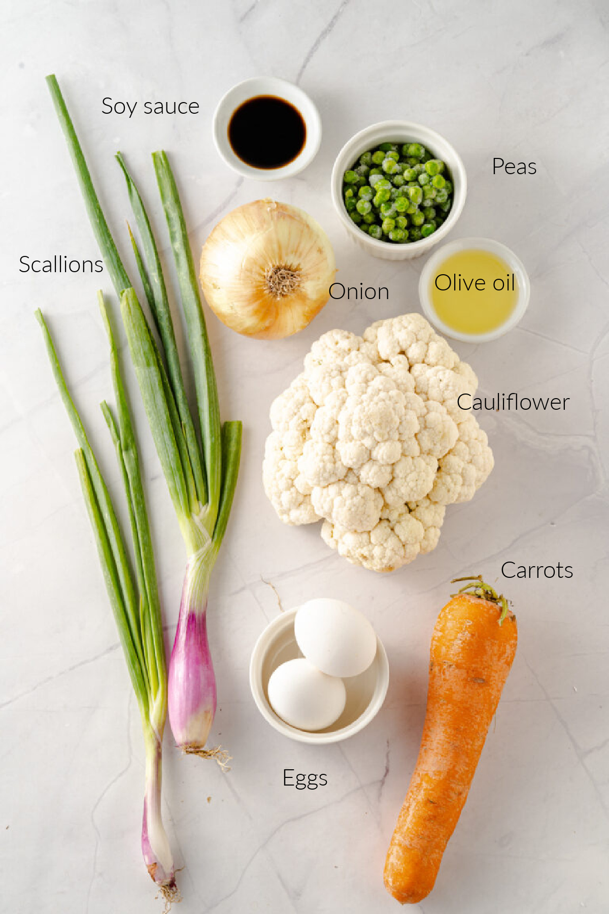Ingredients to make homemade Cauliflower Fried Rice recipe