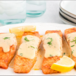 pan seared salmon in a creamy white wine and dill sauce