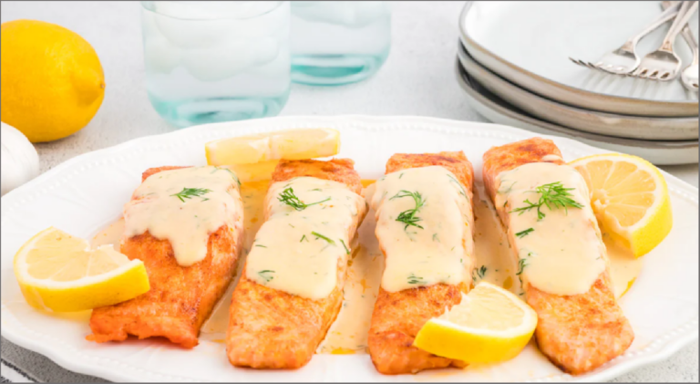 pan seared salmon in a creamy white wine and dill sauce