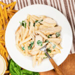 One skillet chicken alfredo with penne pasta and baby spinach
