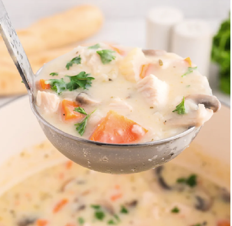 A ladle filled with turkey and rice soup