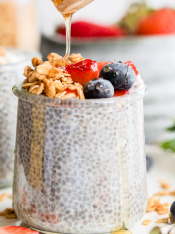chia seed pudding with honey drizzle and berries