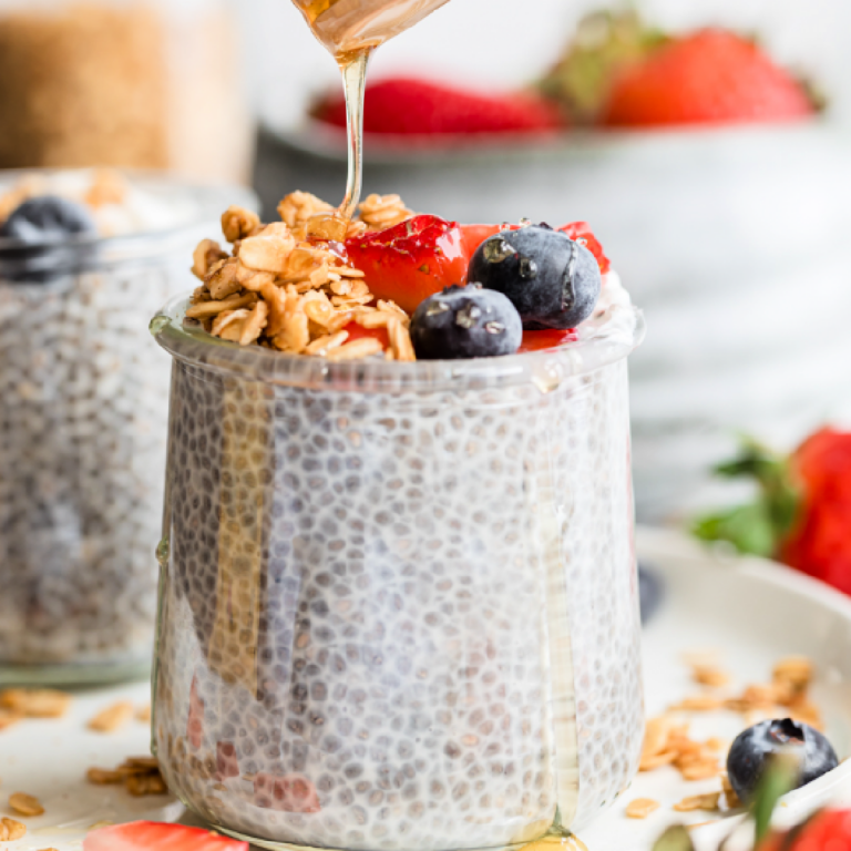 chia seed pudding with honey drizzle and berries