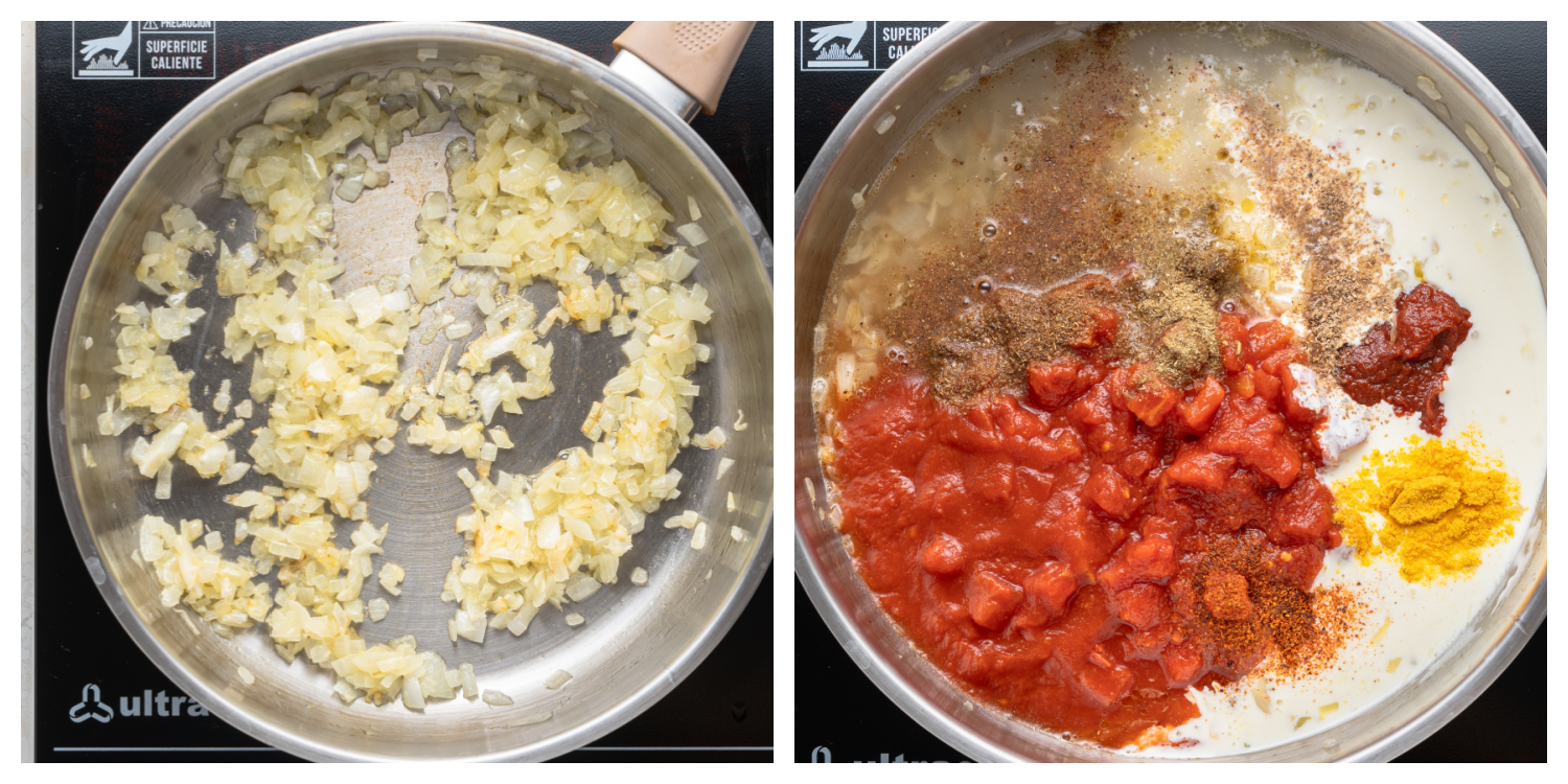 sauteed onions, diced tomatoes, spices in pan cooking making butter chicken sauce